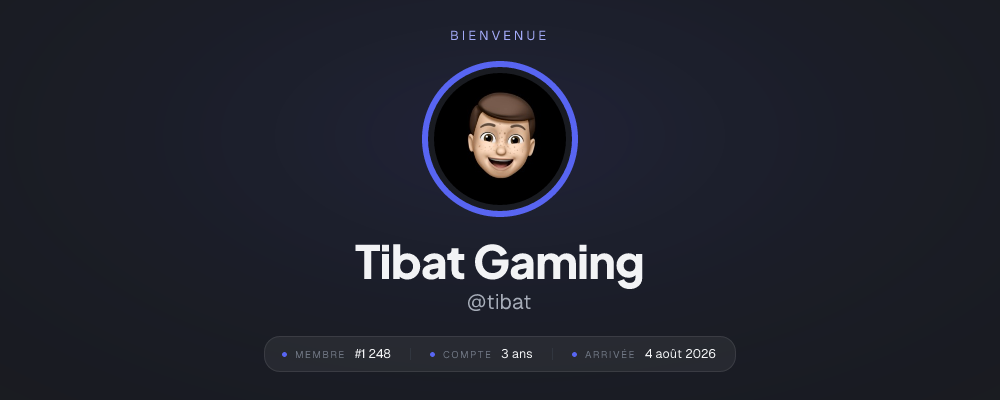 Carte de bienvenue postée par le bot : l'avatar du membre, son pseudo, et trois repères — son numéro d'arrivée, l'âge de son compte et la date.